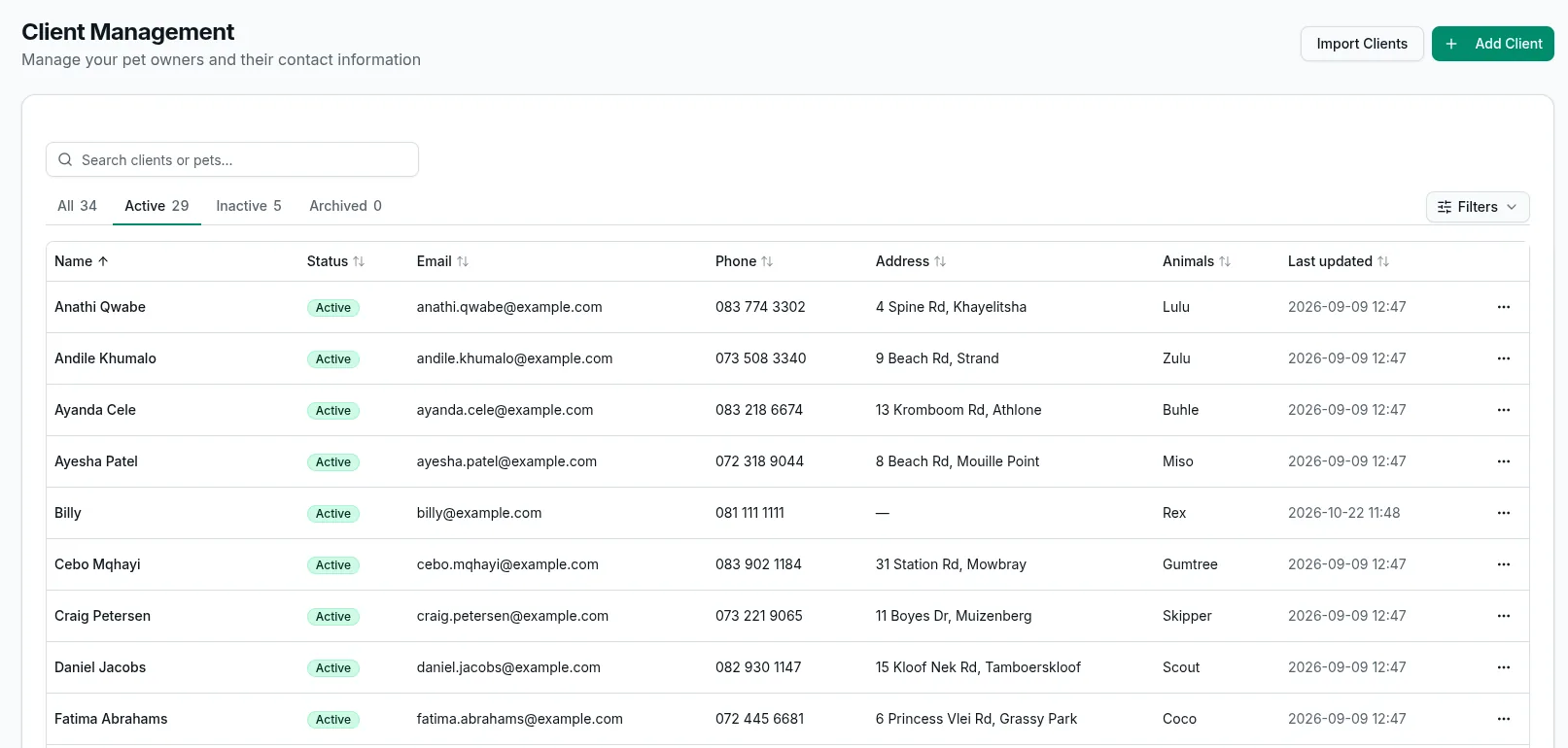 The StrideNotes client list with contact details and each client's animals