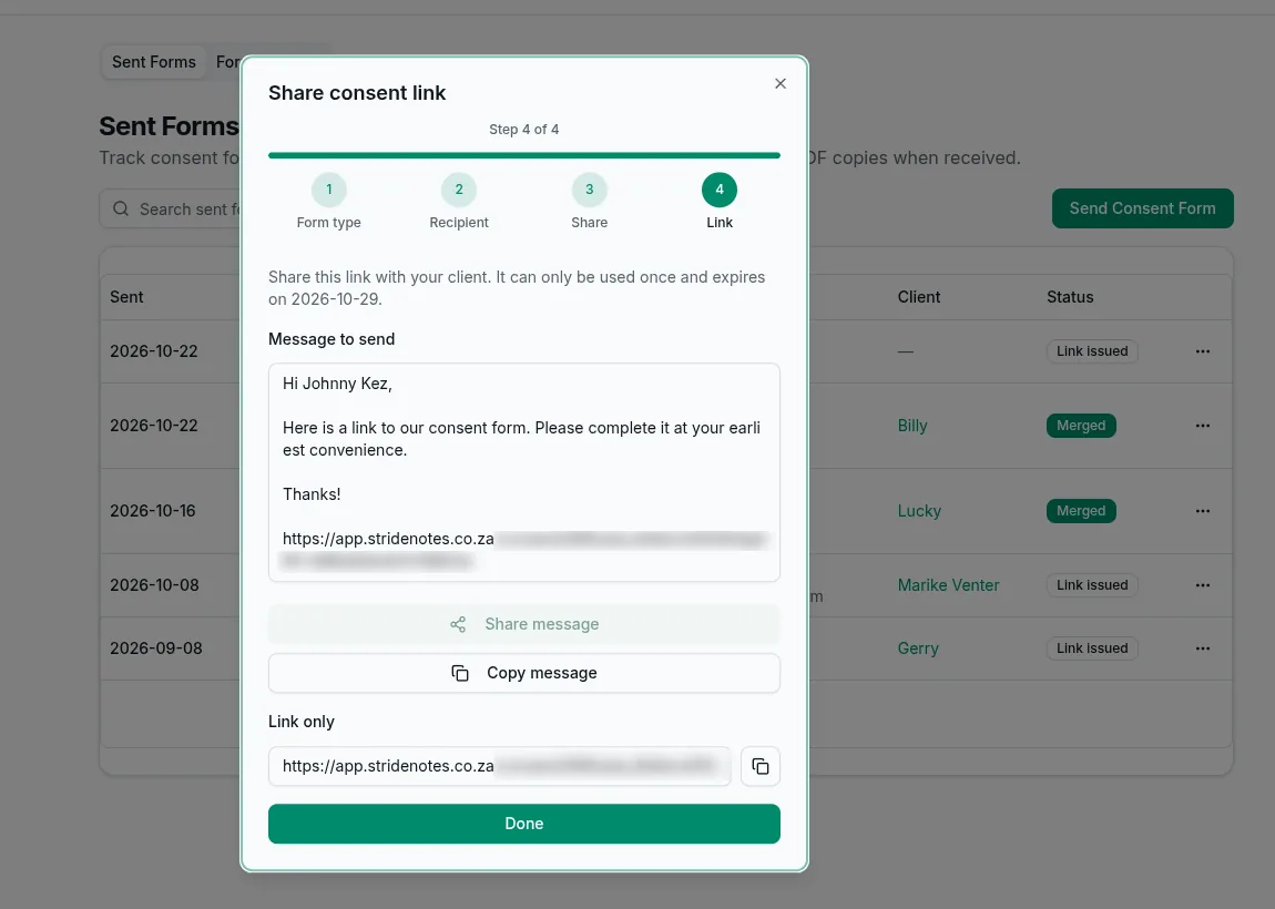 The Share consent link step, with a ready-to-send message containing a single-use link that expires in seven days