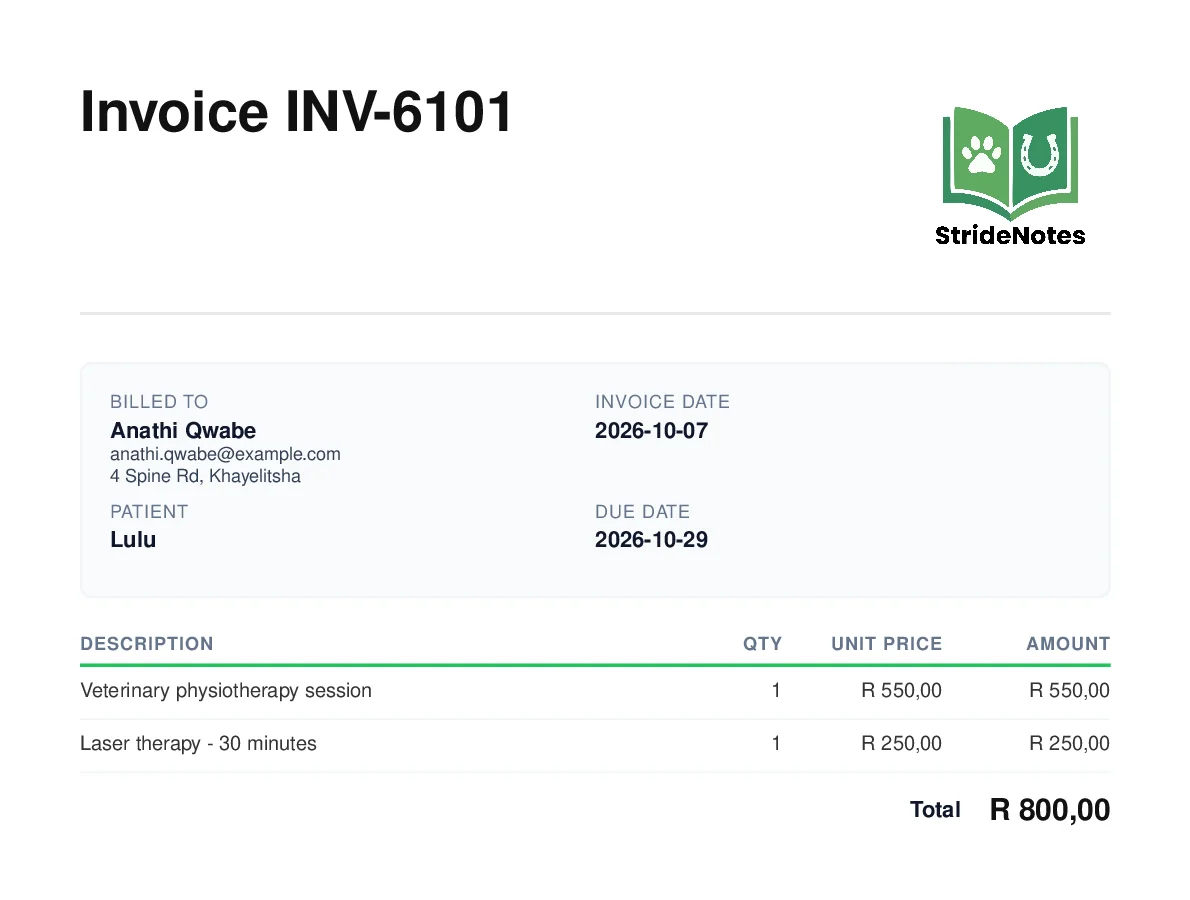 A StrideNotes invoice PDF billed to a client for their dog, with a physiotherapy session and laser therapy line items totalling R 800,00