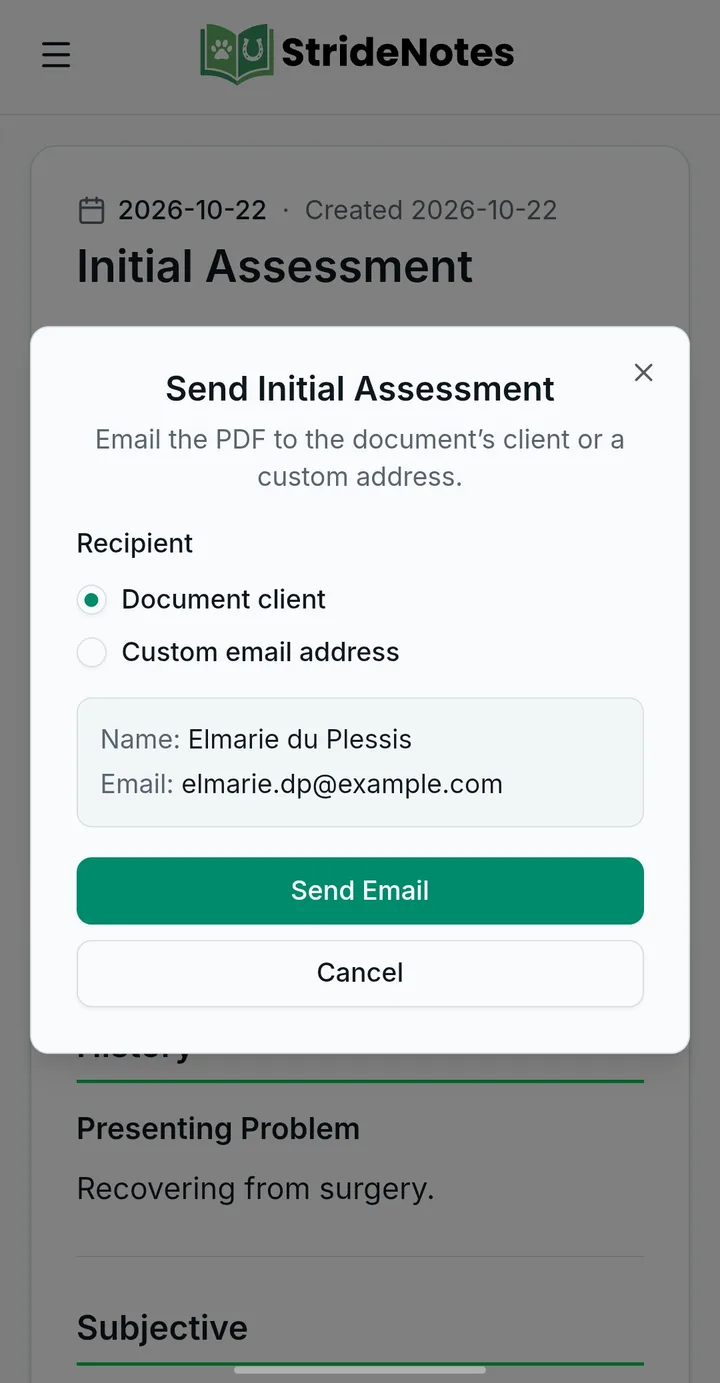 The Send Initial Assessment dialog, emailing the PDF to the client on the record or a custom address