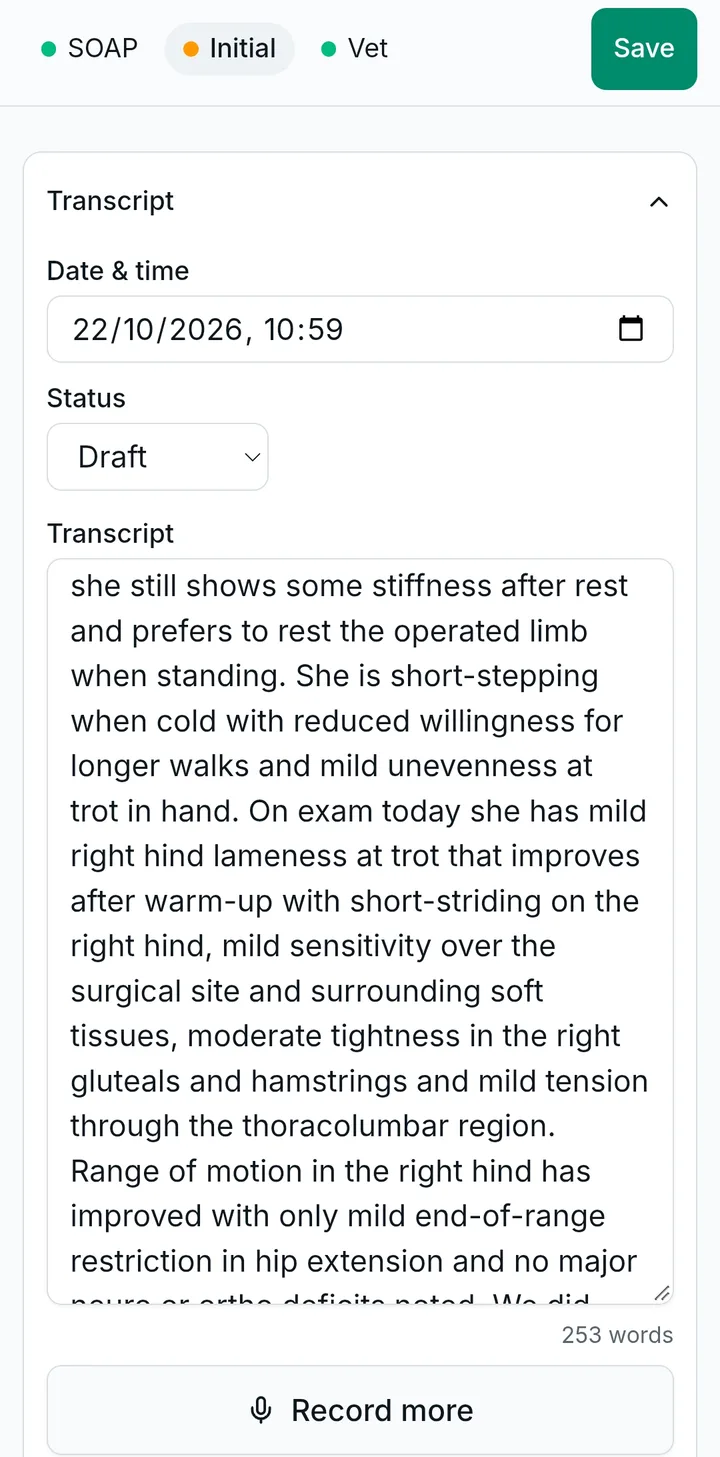 A StrideNotes session on a phone: the dictated transcript for a Thoroughbred mare, with SOAP, Initial and Vet documents ready to save
